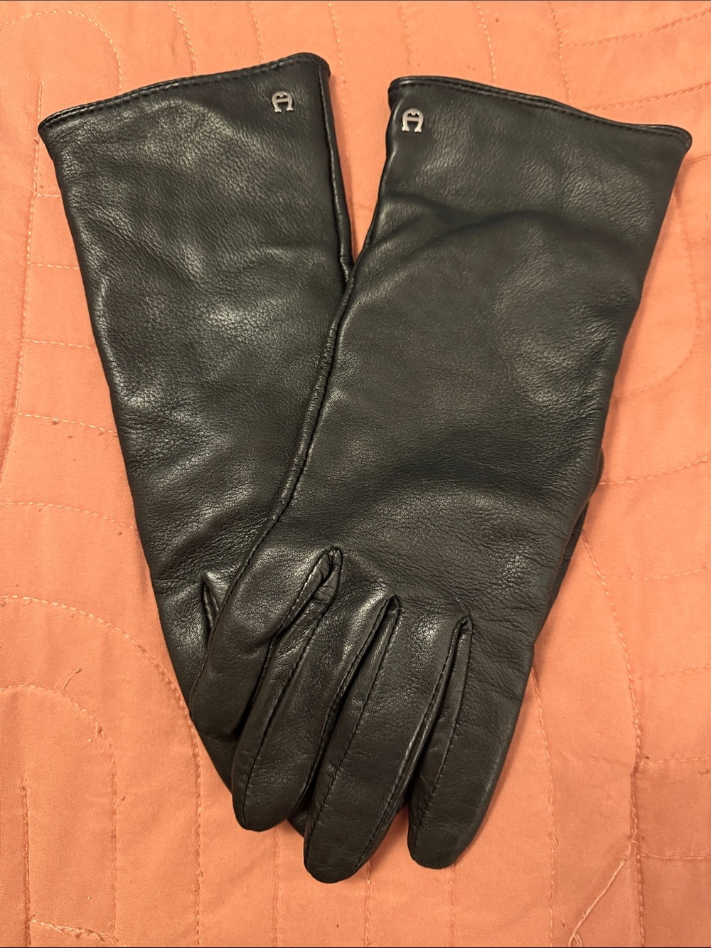 Etienne Aigner Black Leather Long Gloves with Silver Logo  Hardware